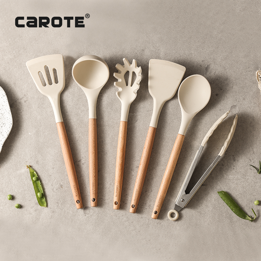 Carote Non Stick Silicon Spoon with Wooden Handle, Silicone Laddle