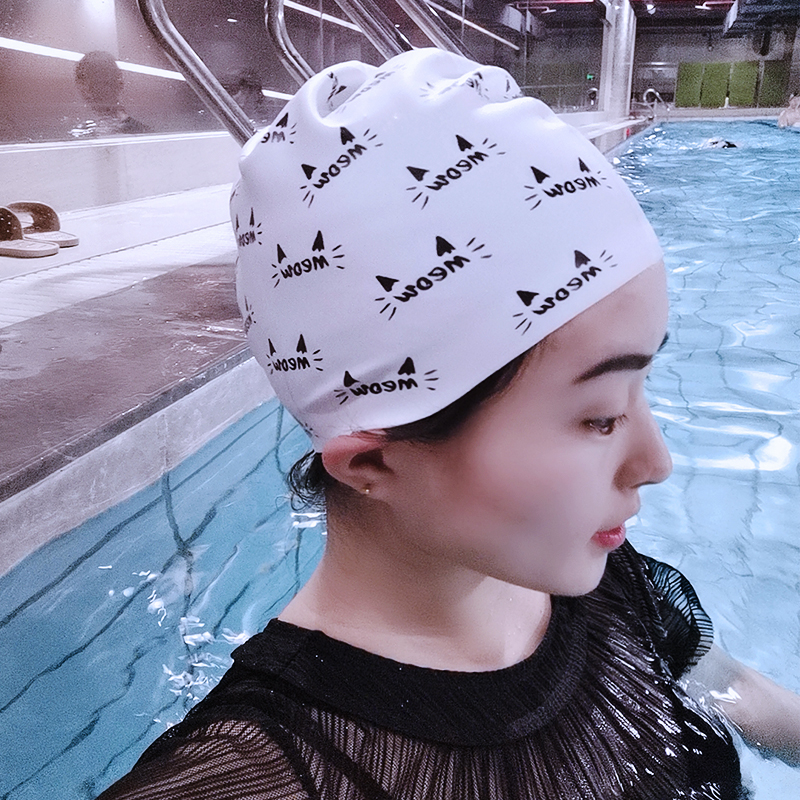BALNEAIRE Silicone Swim Cap for Women Waterproof Bathing Cap for Long Hair with Cat Printed 