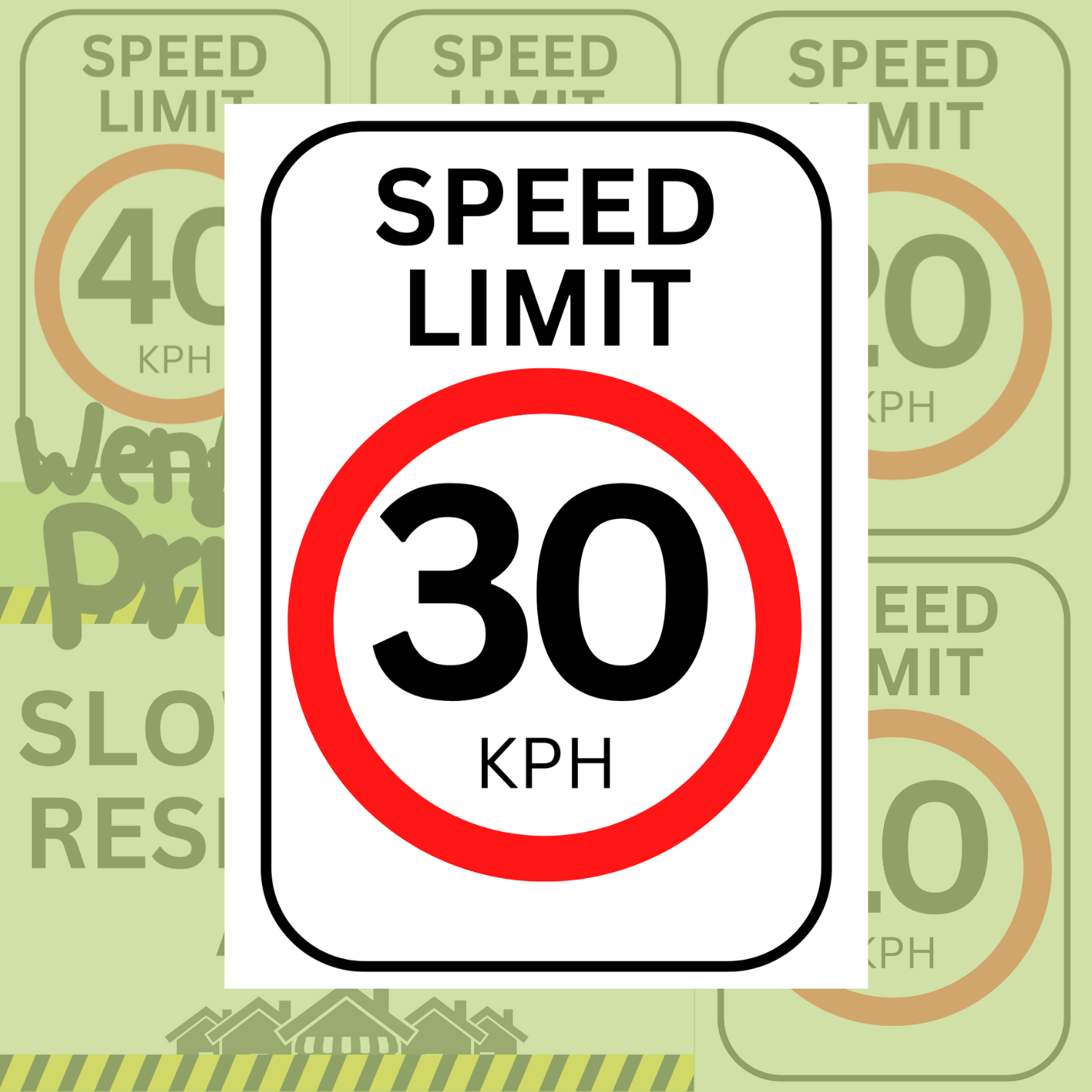 40 30 20 10 KPH Speed Limit Slow Down Residential Area A4 Size PVC ...