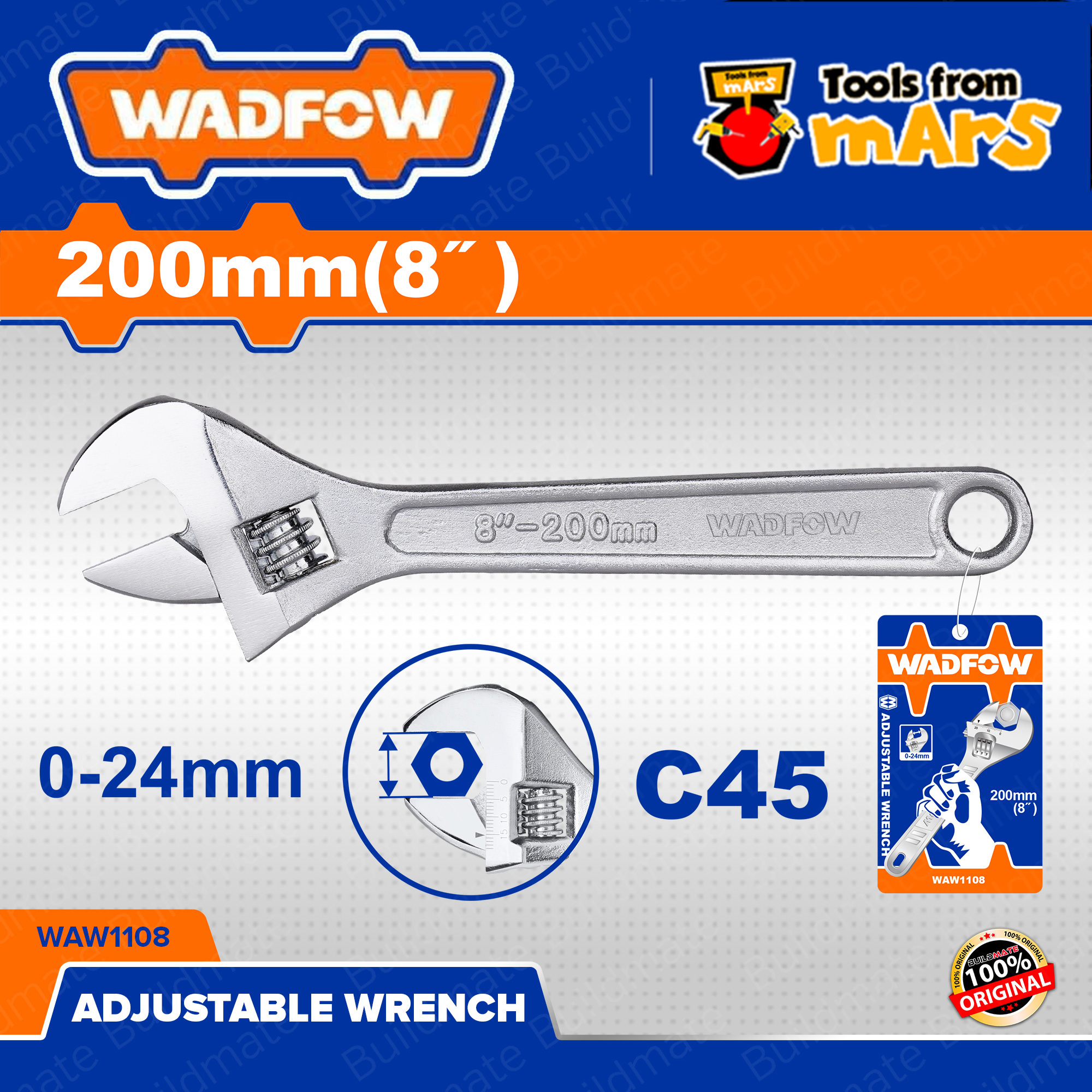 WADFOW Adjustable Wrench 200mm 8" Inch Hand Tool WAW1108 100 ORIGINAL