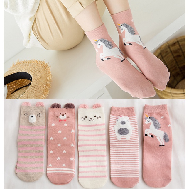 5 Pairs Lot Cute Women Socks Cartoon 3D Ears Cotton Funny Socks Girls Animal Unicorn Cat Fox Socks ZenababyShop