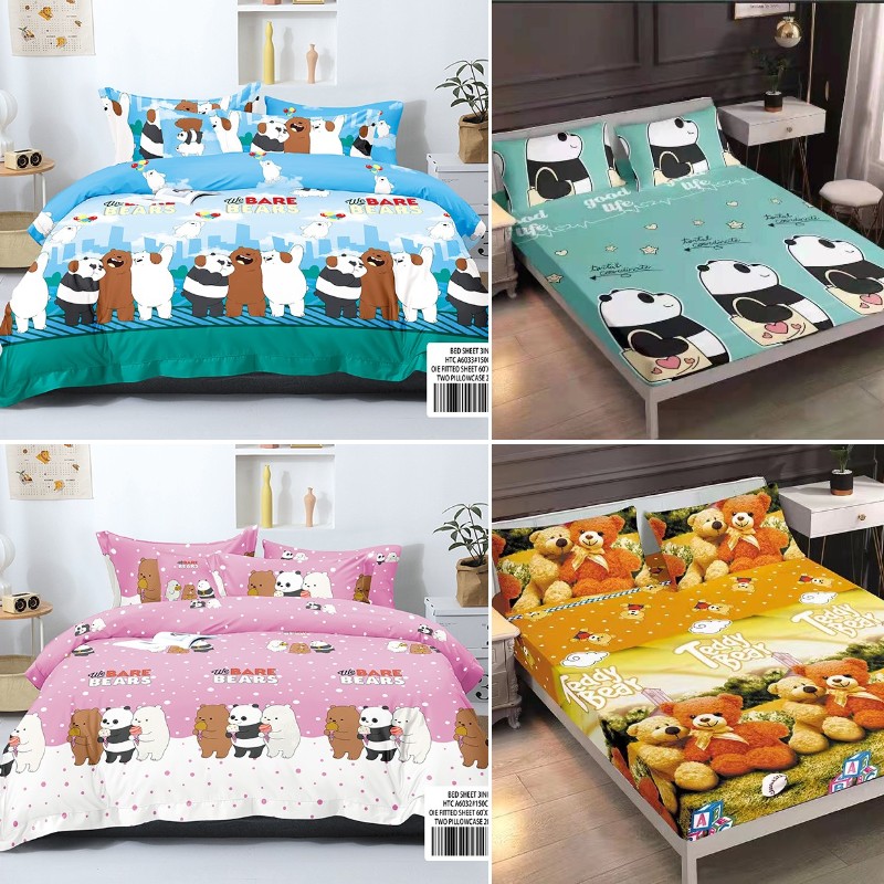 Cute We Bare Bears Cartoon Bedsheet 3in1 Set Bed Sheet Single Size Queen  Size Teddy Bear Panda Dog Animal Printed Cotton Home Textiles 3 In 1 Set  Semi Cotton Premium Quality Bedsheet (
