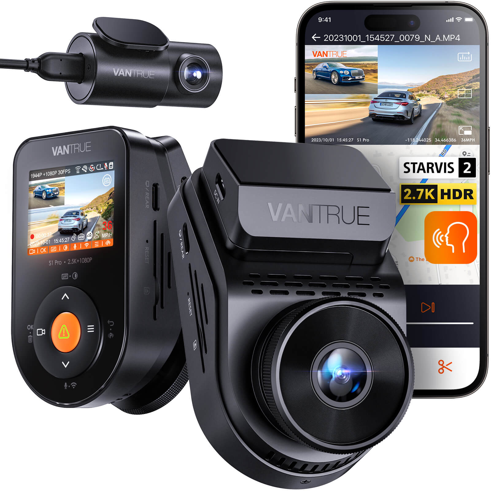 Vantrue S1 Pro 2.7K Front and Rear 5G WiFi Dash Cam, 1944P Dual Hidden Dash  Camera for Cars, STARVIS 2 IMX675 Night Vision, Built-in GPS, Voice Control