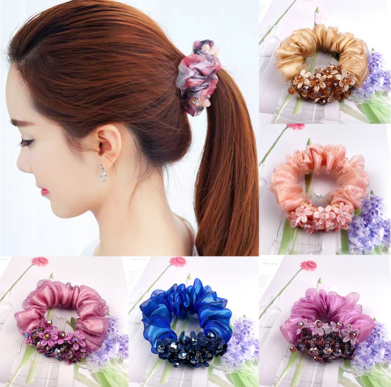 Korean version Organza hair circle exquisite head rope women's leather band tied horsetail crystal broken flower Hair Accessories