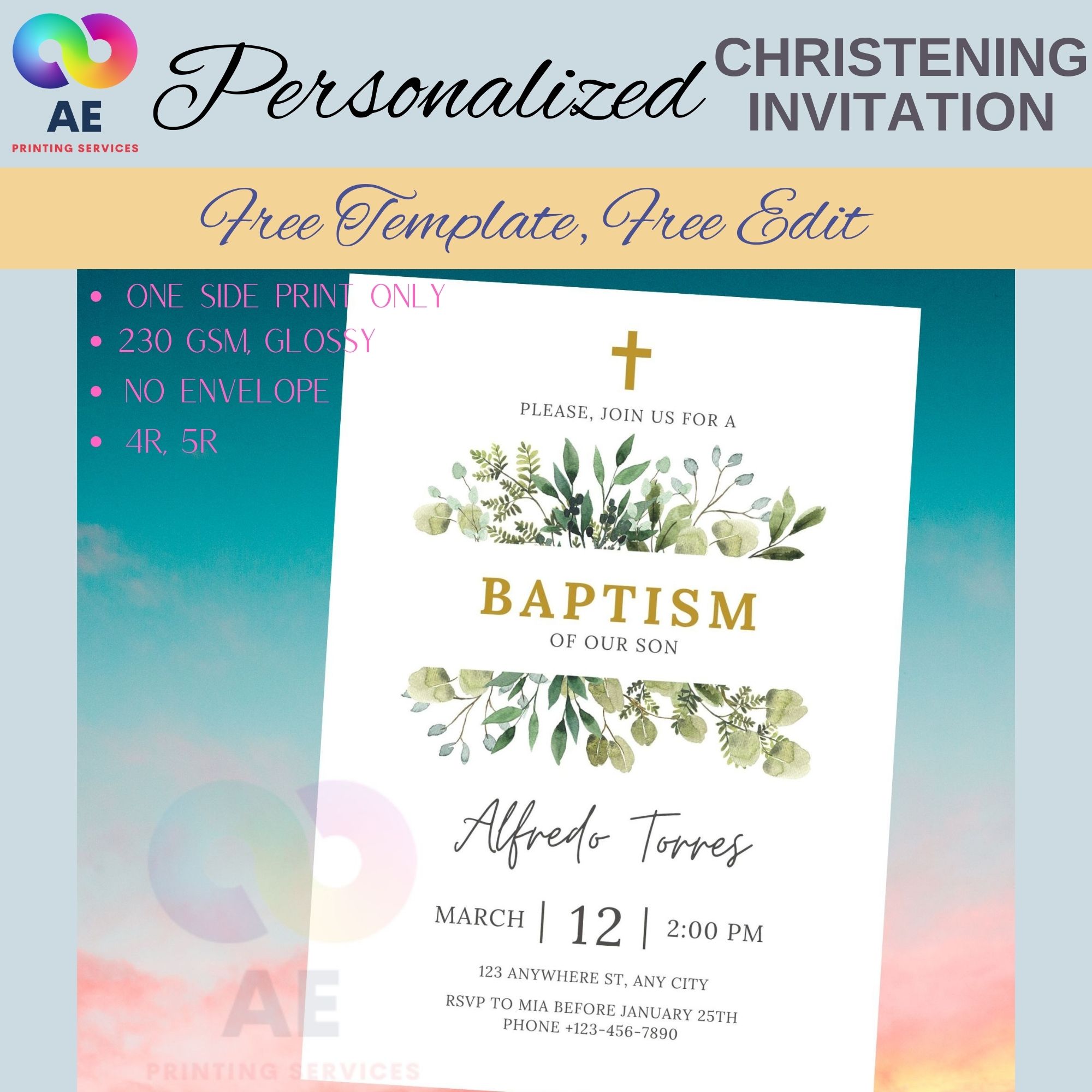 Green Gold Rustic Child Baptism Christening Invitation Card (5R 4R