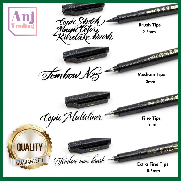 Signature Design Refillable Brush Marker Pens for Hand Lettering 4 Size Black Calligraphy Ink Pen for Beginners Writing Illustration 
