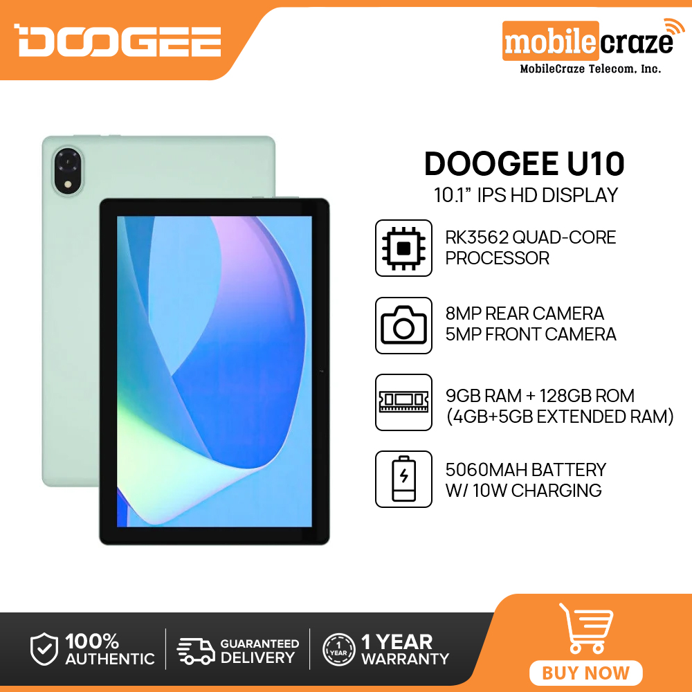 Doogee U10 Tablet, 9GB RAM (4+5) + 128GB ROM, Quad-Core RK3562, 10.1” IPS  HD Display, 8MP Rear Camera, 5060mAh Battery