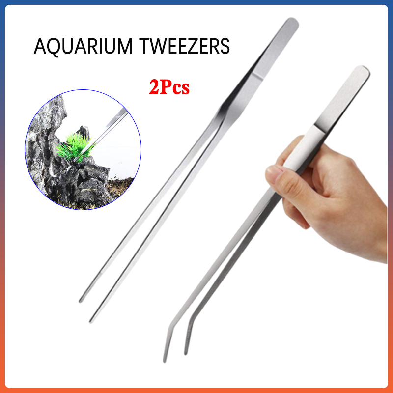 2Pcs Aquarium Tweezers Fish Tank Aquatic Plants Stainless Steel Straight and Curved Tweezers Set
