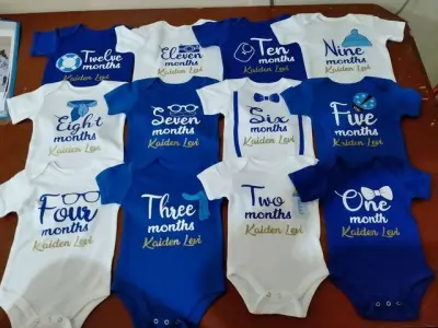 Monthly Milestone Customized Onesies for baby boy 12pcs or RETAIL + FREE print of Name