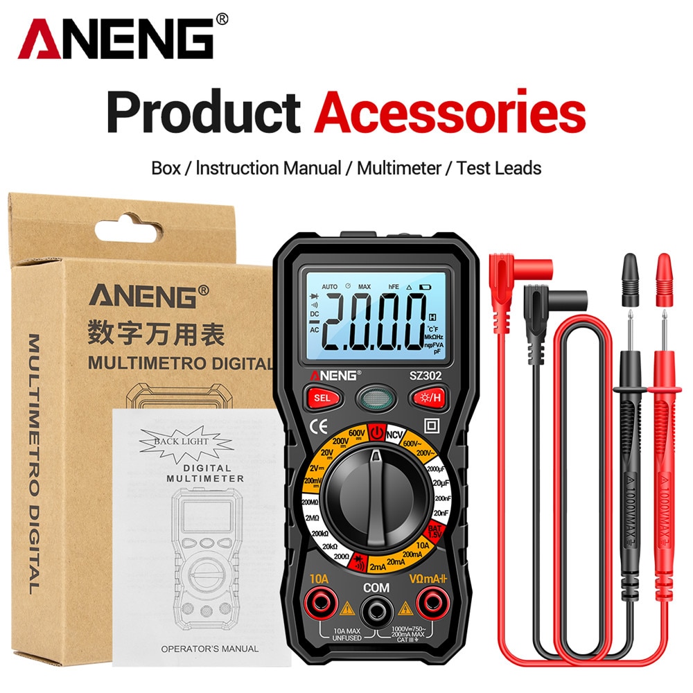 ANENG SZ302 Professional Digital Multimeter AC/DC Votage Tester NCV Detector Resistance Tester Ohm Ammeter Capacitance Testmeter
