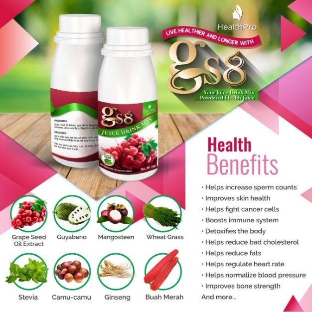 3 Bottle Of Gs8 Juice Drink Mix Immune System Booster With Dextrose Powder Guyabano Soursop Iodized Salt Buah Merah Extract Mangosteen Wheatgrass Grapeseed Camu Camu Ginseng Steviol Healthpro Not Vitamin C Malunggay Moringa