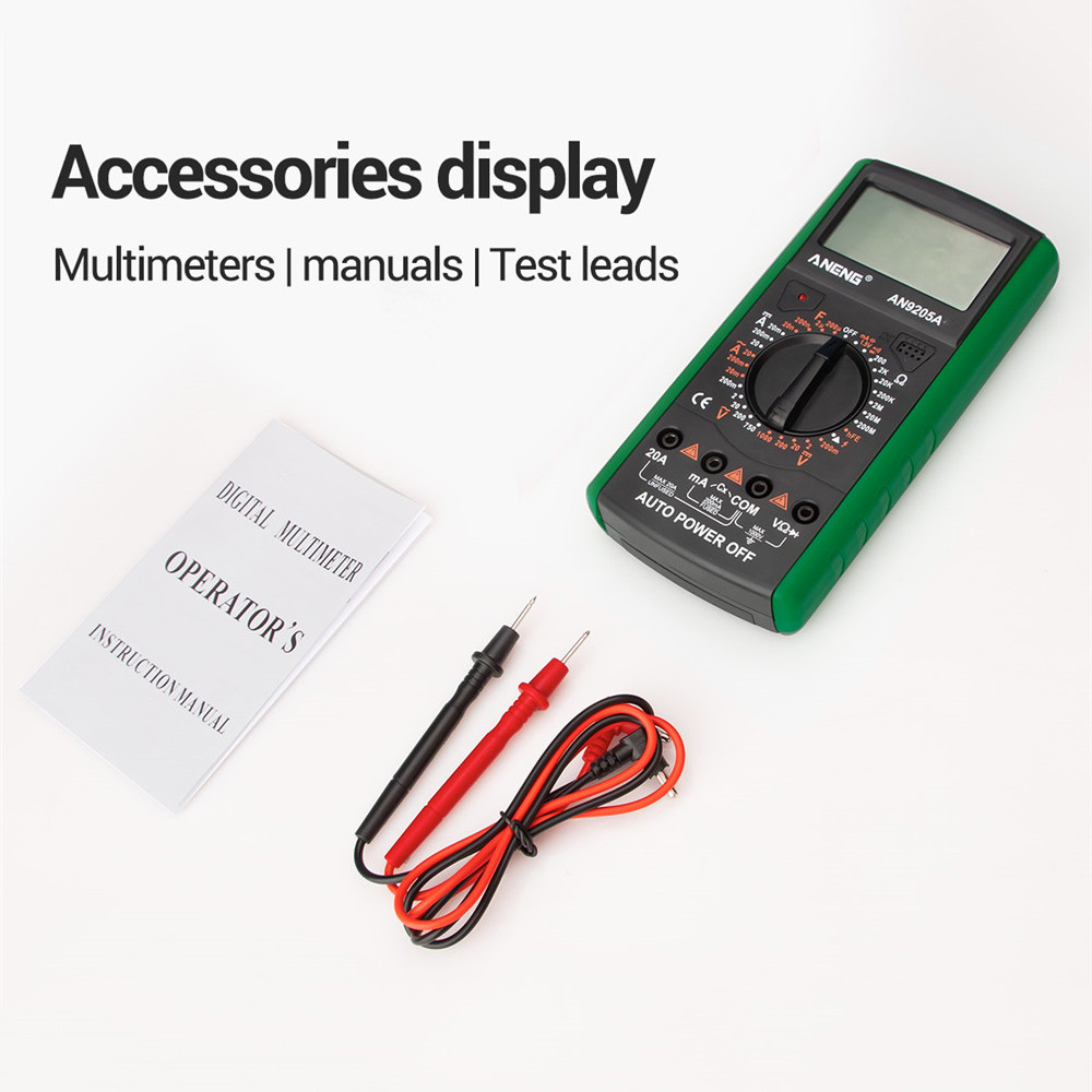 ANENG AN9205A Digital Multimeter 3 1/2 LCD Display 1999 Count Manual Range Meter AC DC Resistance Capacitance Transistor Tester Ammeter with Backlight NCV Test Meter