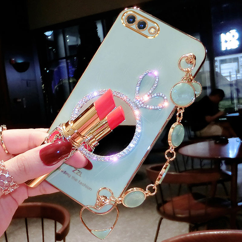 AnDyH Precise camera protection case For OPPO A3S A12E Realme C1 cases Bunny makeup mirror with gemstone bracelet