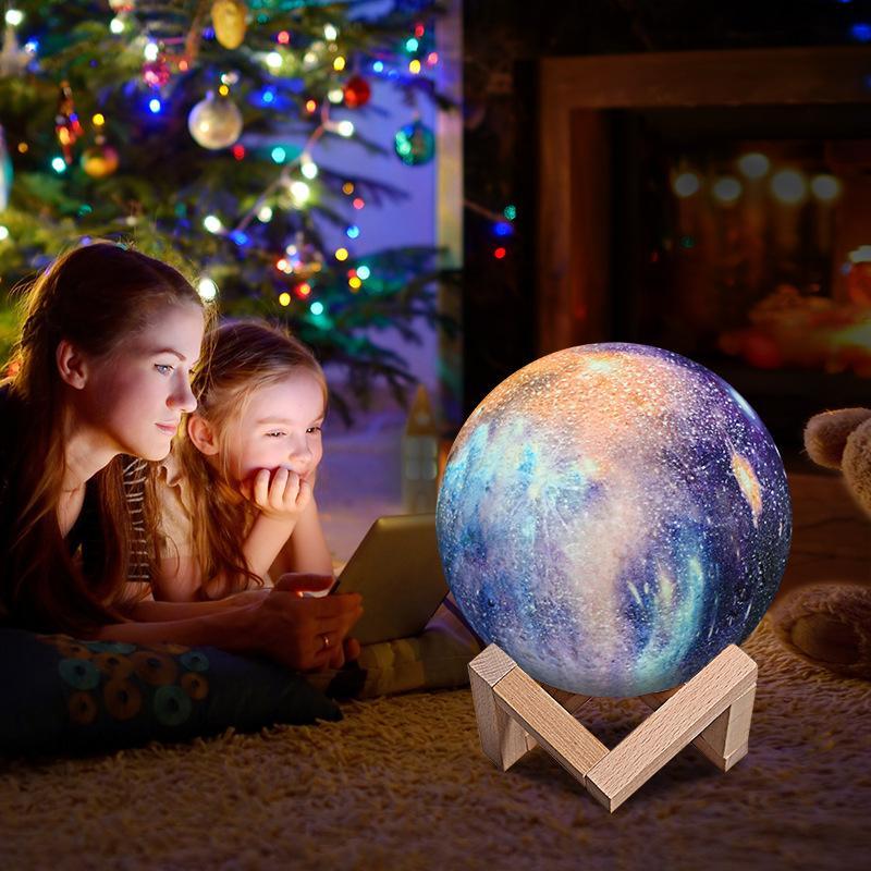 Remote and Touch Nursery Decor Bedroom Bedside Gift Idea for Christmas Birthday Large, 15CM 16 LED Colours Dimmable Rechargeable Lunar Night Light with Wooden & Free Ceramic Hand, 3D Moon Lamp 