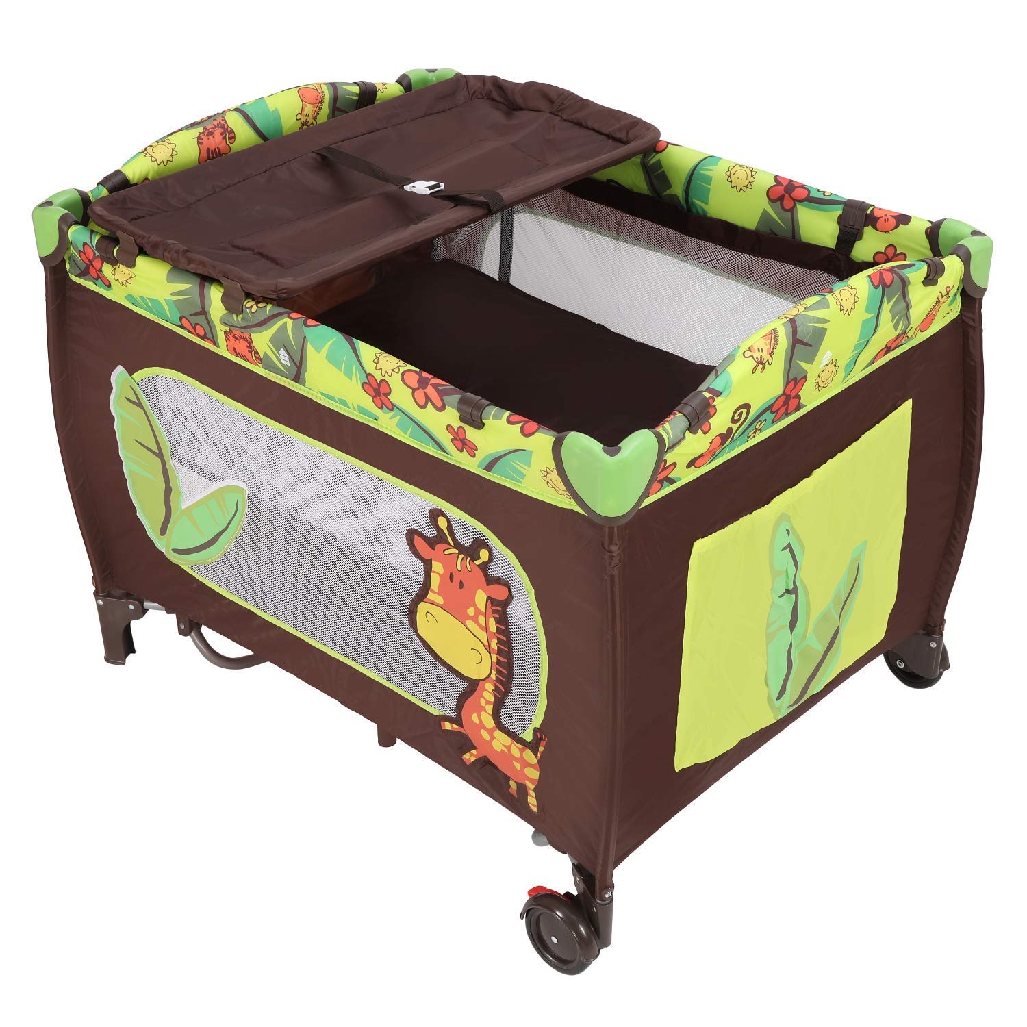 Baby Crib Folding Portable Travel Baby Bed Crib Convertible to Rocker, Playpen (Green and Brown