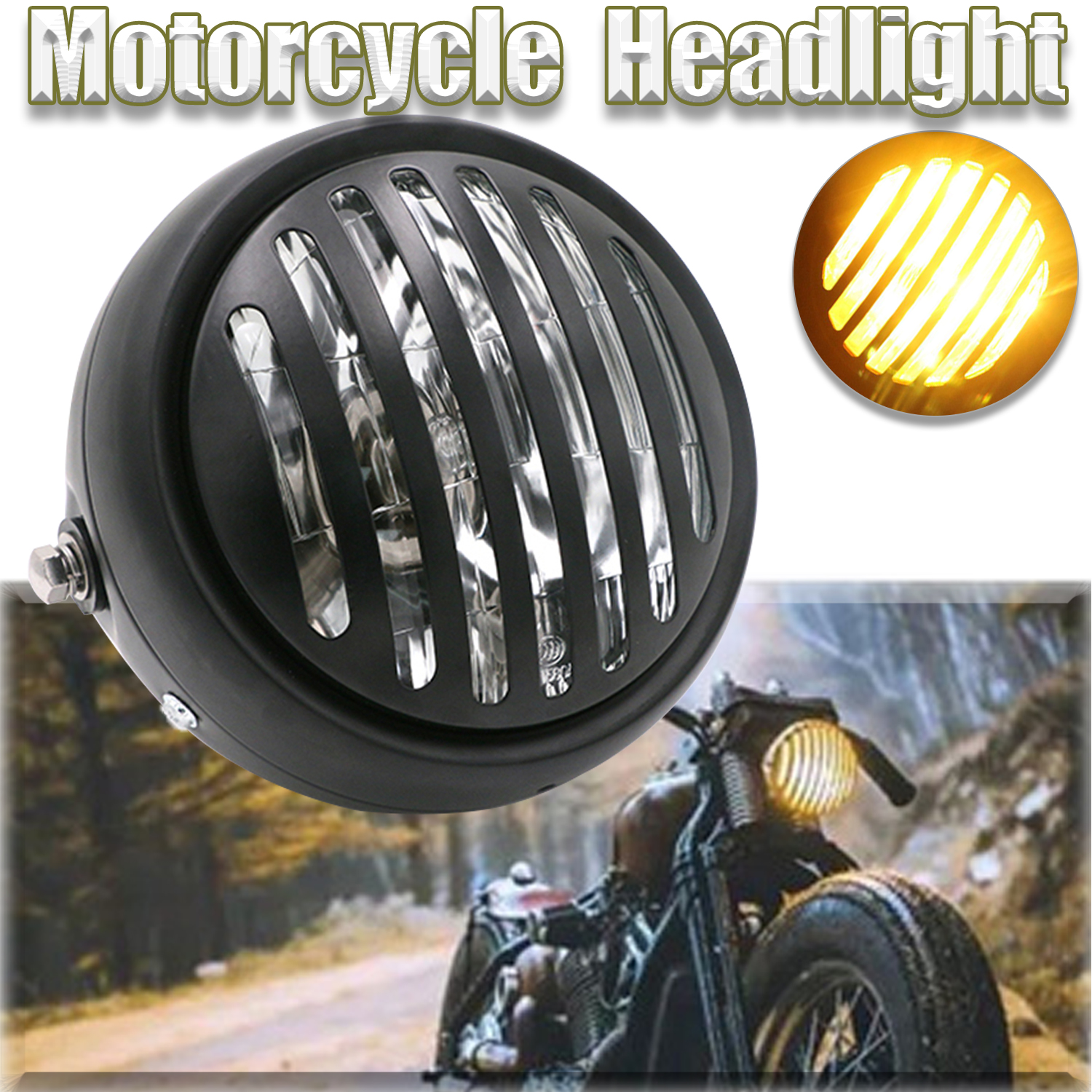 Pinph 5.75inch Motorcycle Grill Headlight Black Metal Retro 35W Halogen