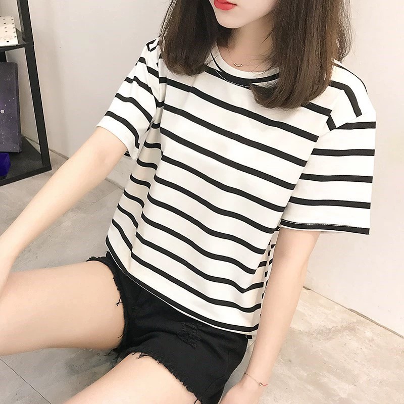 Elasticity Black and white striped women's short-sleeved stretch T-shirt  M-XL | Lazada PH