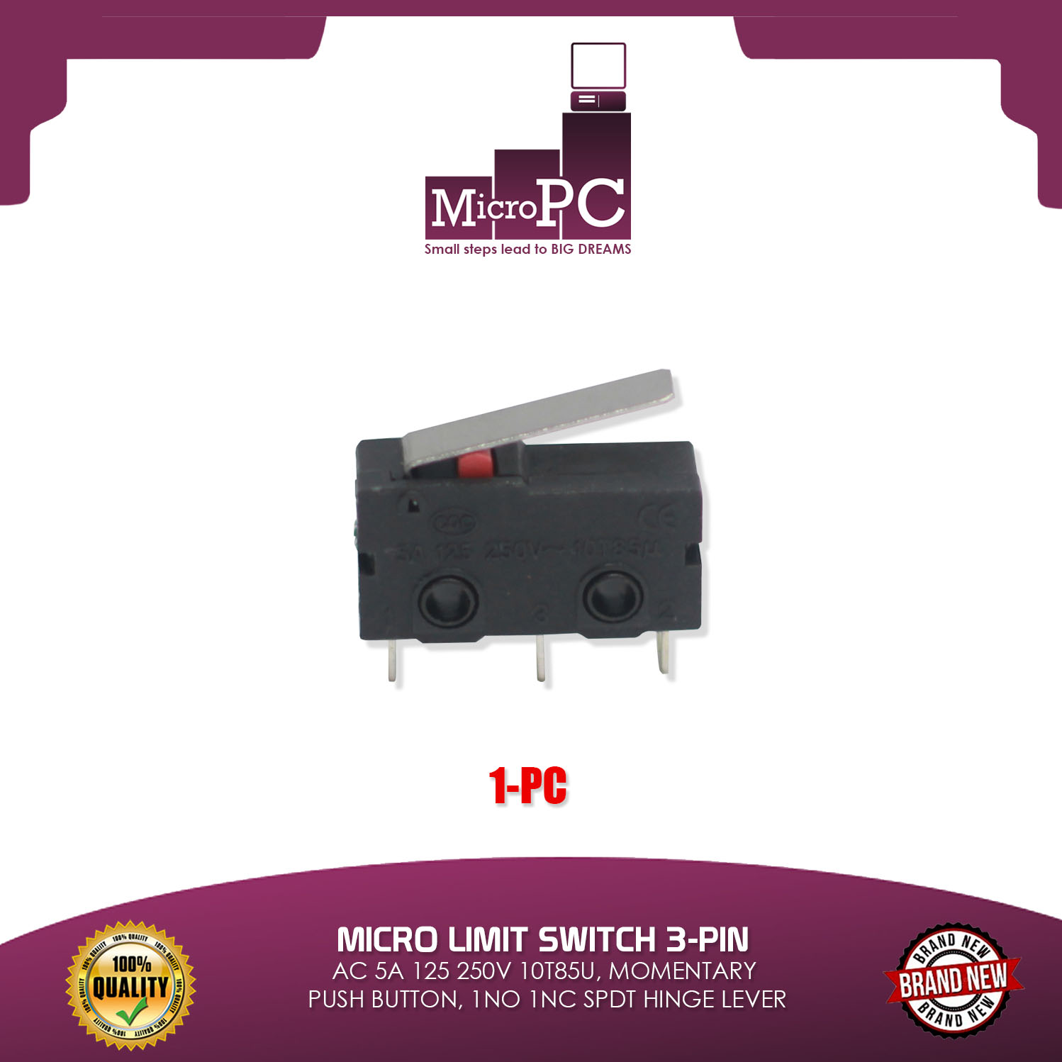 MICRO LIMIT SWITCH 3PIN AC 5A 125 250V 10T85U, MOMENTARY PUSH BUTTON