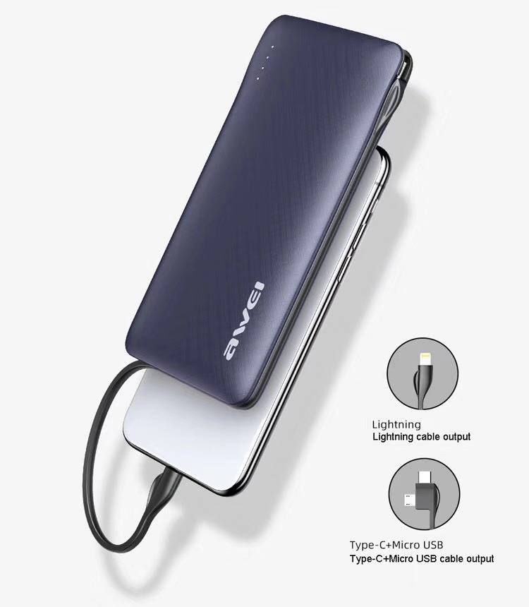 Awei P51K Portable Power Bank 10000mAh Fast Charging With Type-C Micro  Cable Business Style For Work Outdoor Travel Powerbank