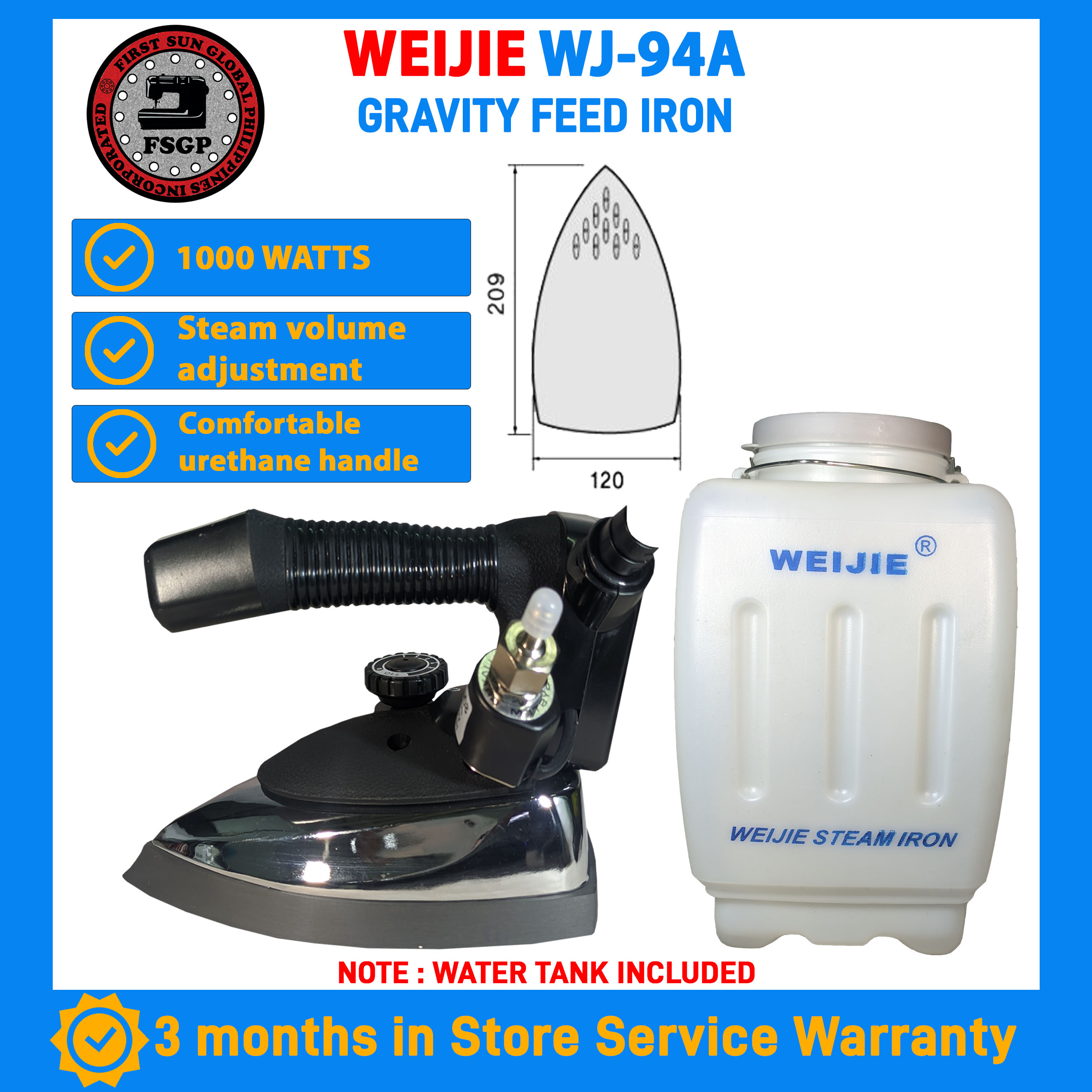 Weijie Gravity Feed Electric Powered Industrial Steam Iron With Water Tank  WJ-94A
