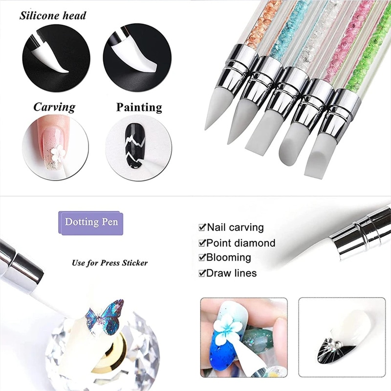 Nail Art Silicone Brush 1Pcs Carving Painting Pencil Nail Tips UV Gel DIY  Polish Dual-head Mirror Powder Sculpture Manicure Tool Artist Brushes Tools