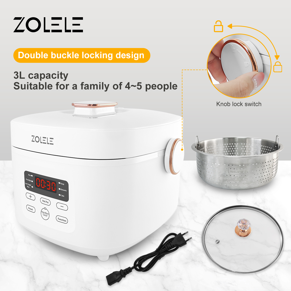 ZOLELE Desugar Rice Cooker With Filter 3L Multifunctional Smart Rice