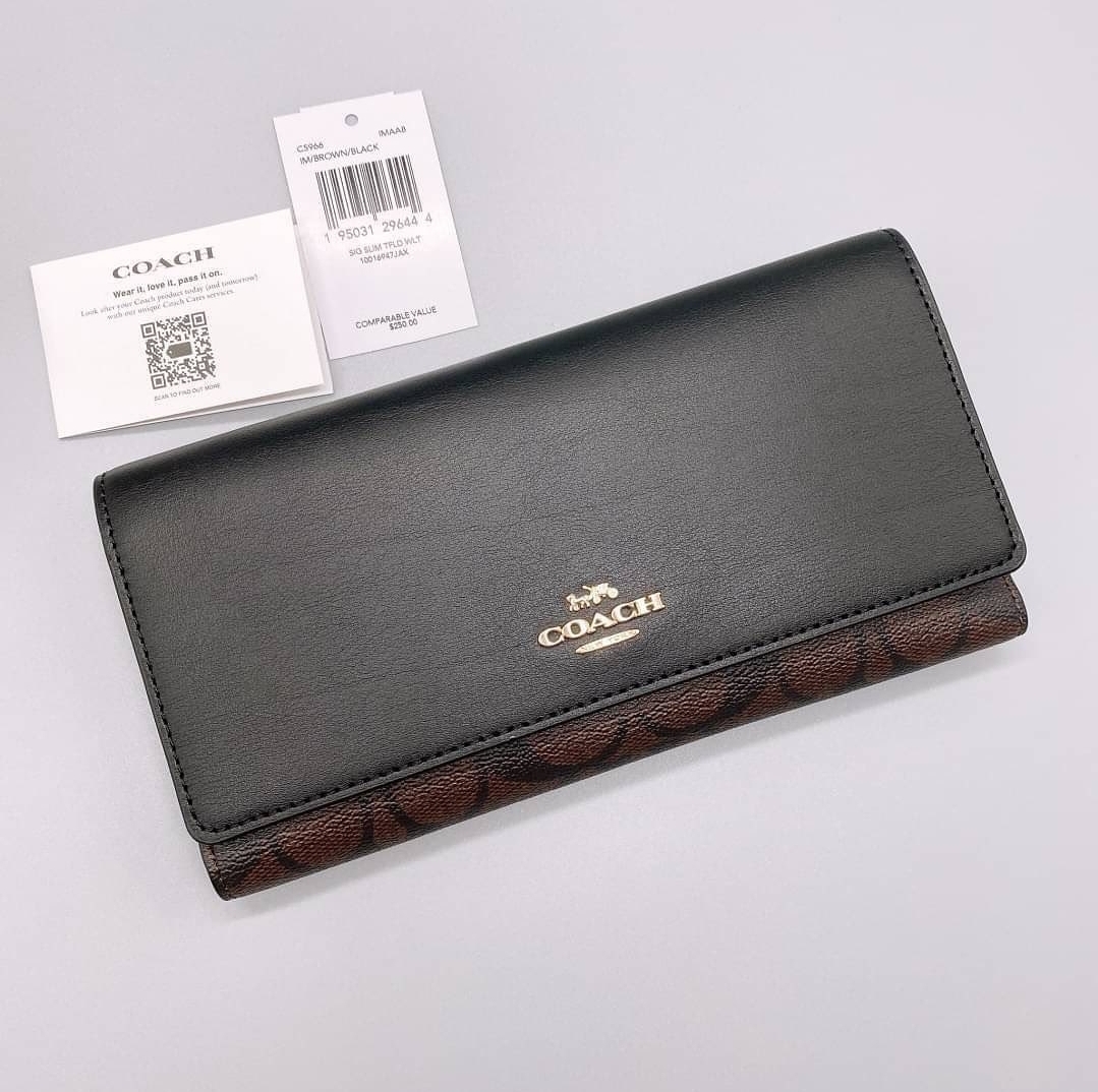 Coach C5966 Ladies Trifold Slim Wallet In Signature Canvas Brown