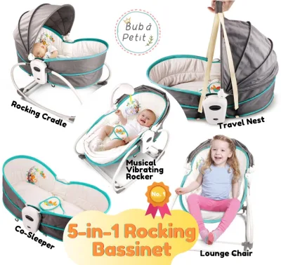 5-in-1 Portable Baby Rocking Bassinet Multifunctional Crib Adjustable Canopy Nest Vibrating Co-Sleeper Musical Rocker Bedside Cradle Portable Travel Bed with Music and Toys | Infant Swing Bassinet for Newborns, Toddlers Jumpers, Bouncers, Nursery Chair