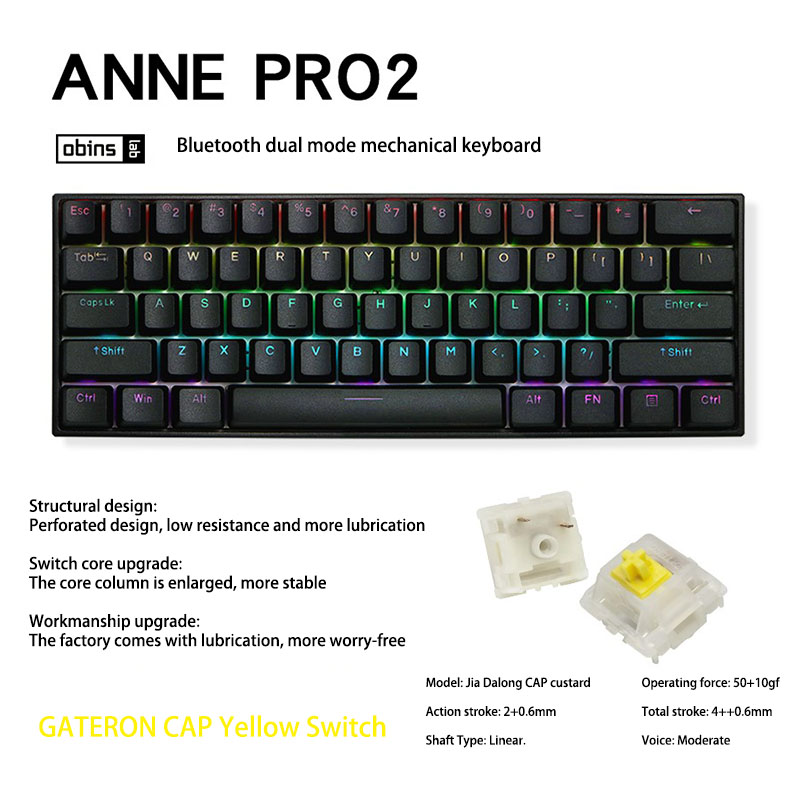 Anne Pro 2 60% 61 Keys Portable Mini Wireless bluetooth 5.0 Mechanical  Keyboard Office Gaming Keyboard Type-C Detachable Cable