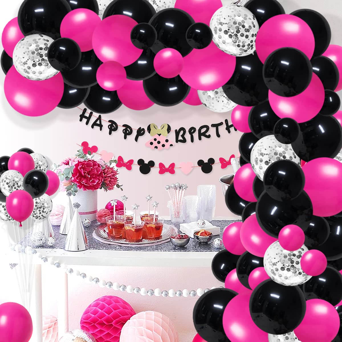 PASOCON rose red black hot pink balloon garland arch kit - 117pcs rose red  hot pink black balloon silver confetti balloons for girl 1