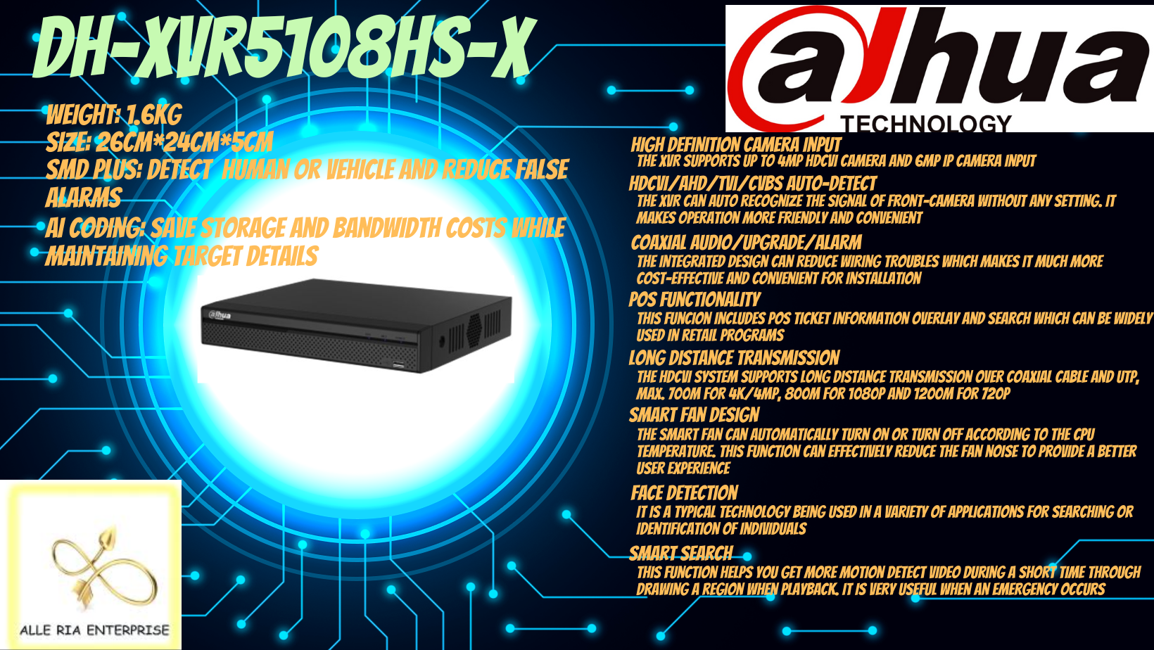 DHXVR5108HSX DAHUA 8 CHANNEL PENTABRID 1080P COMPACT 1U DIGITAL