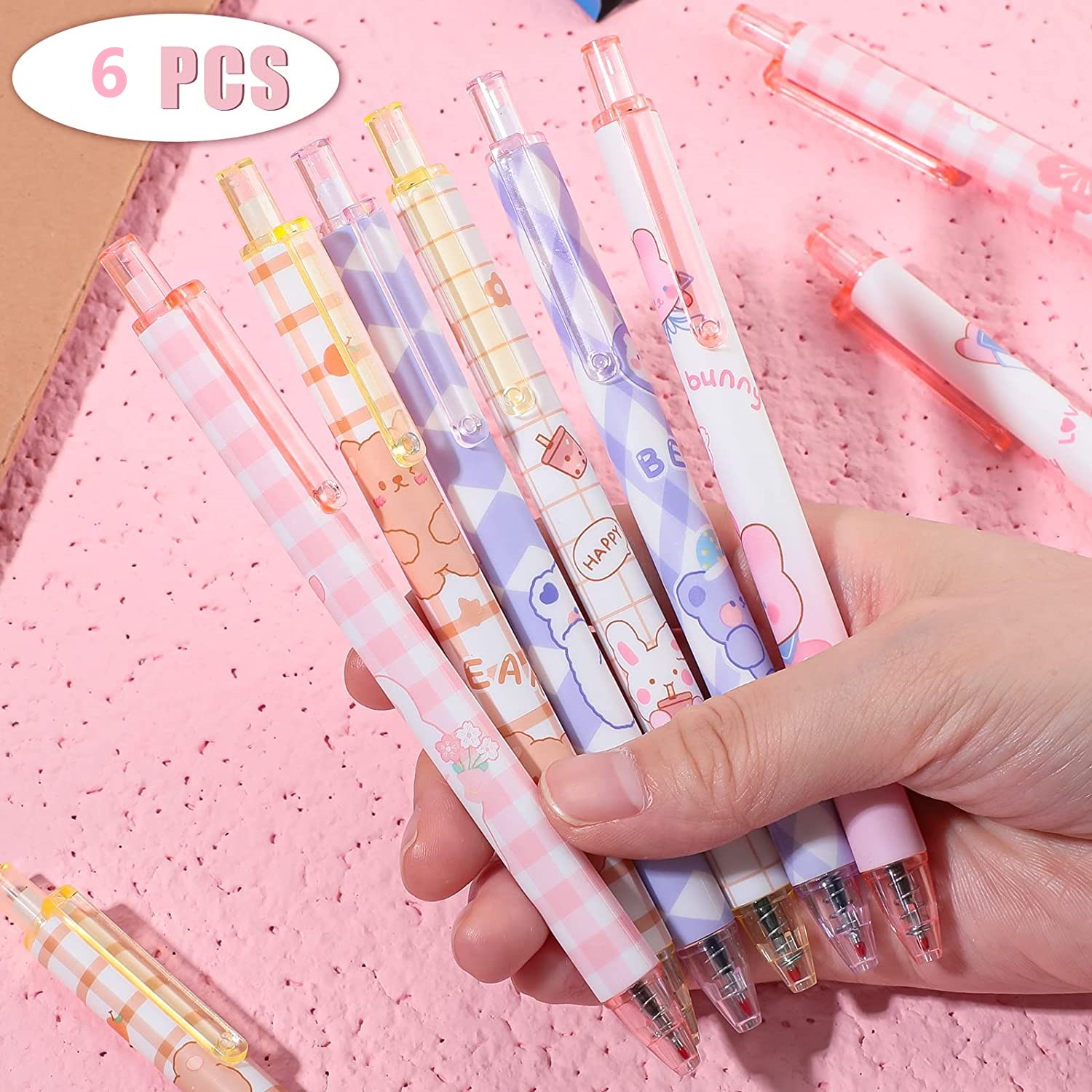 6 Pcs Kawaii Gel Ink Pen 0.5 mm Black Ink Kawaii Pens Retractable Fine ...