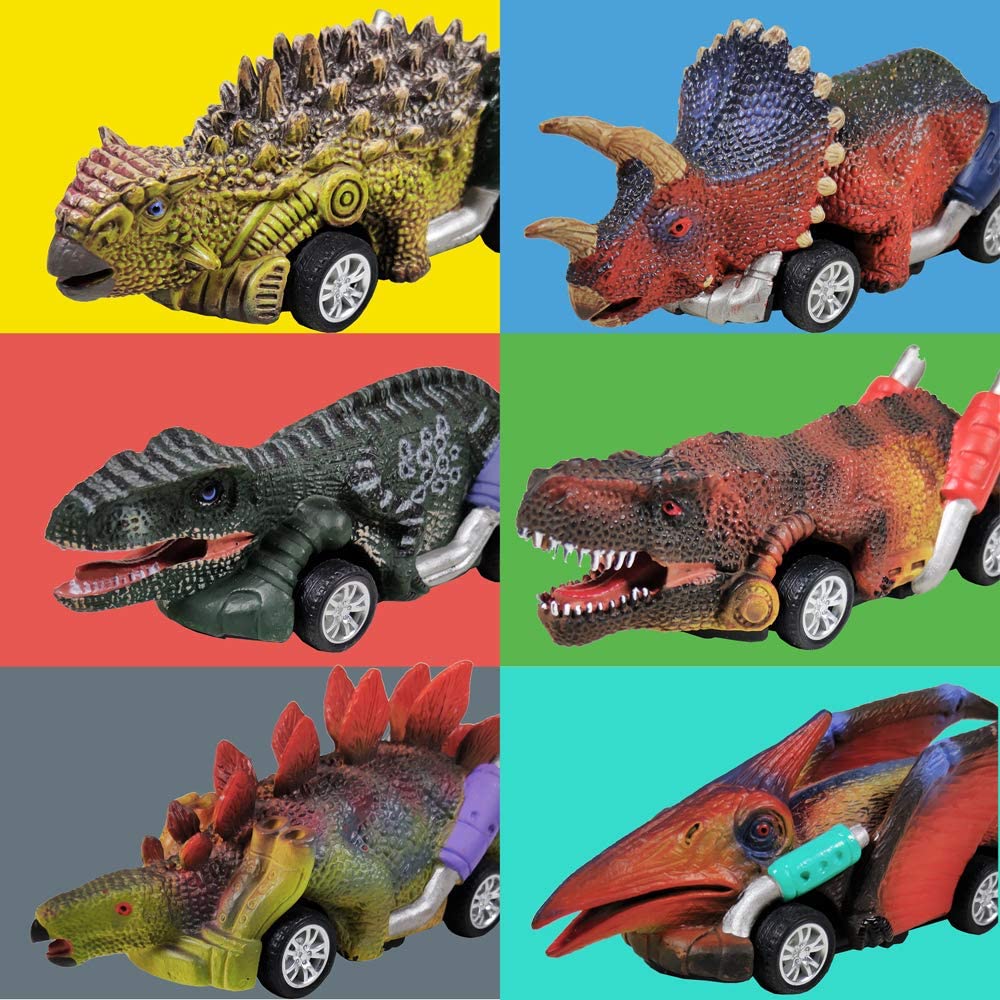 Educational Kids Realistic Dino Figures Toys Included 6 Pack Dinosaur Vehicle Set Mini Pull Back Animal Car Toy for Toddlers Boys Girls Party Favors Style-Carry Pull Back Vehicles Dinosaur Toys 