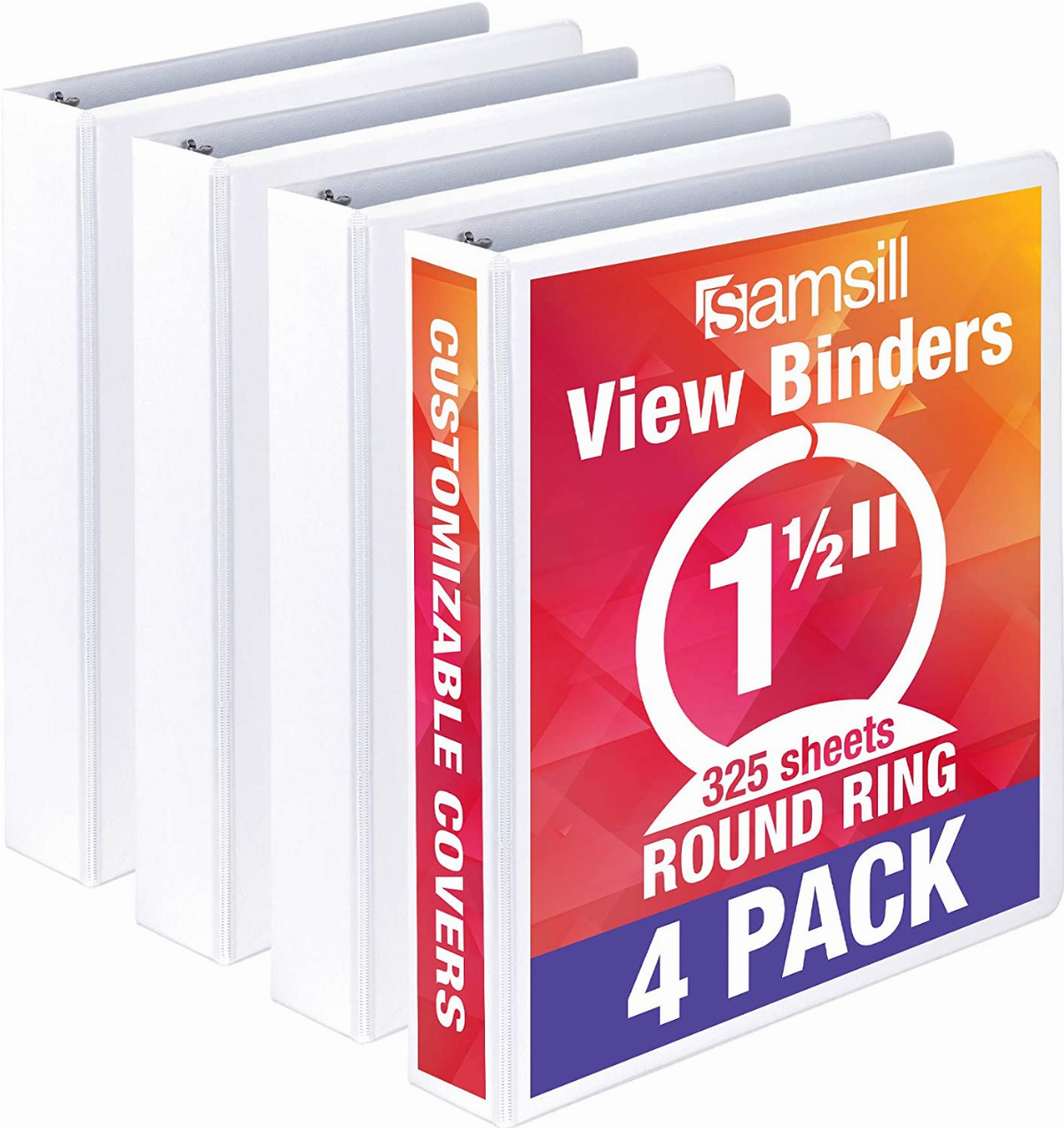 Holds 350 Sheets 79550 Assorted Colors Round Rings Cardinal 3 Ring Binders 4 Pack ClearVue Presentation View Non-Stick 1.5 Inch