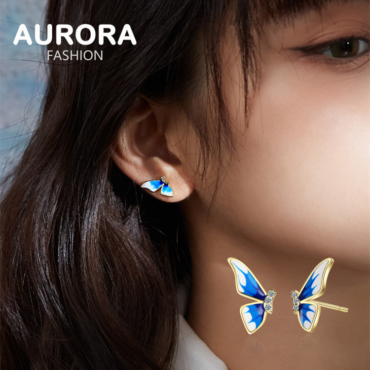 AURORA 24K Gold Enamel Butterfly Wing Gradient Blue Classical Earrings  Jewelry ED904 | Lazada PH