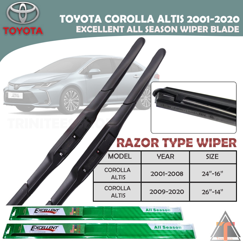 A pack of 2 custom fit frameless windshield wiper blades, measuring 26/14 inches, suitable for Toyota Corolla 2009-2023 models can be found on Amazon.com. These wipers are designed for both front and rear car rain replacements in the Automotive category.