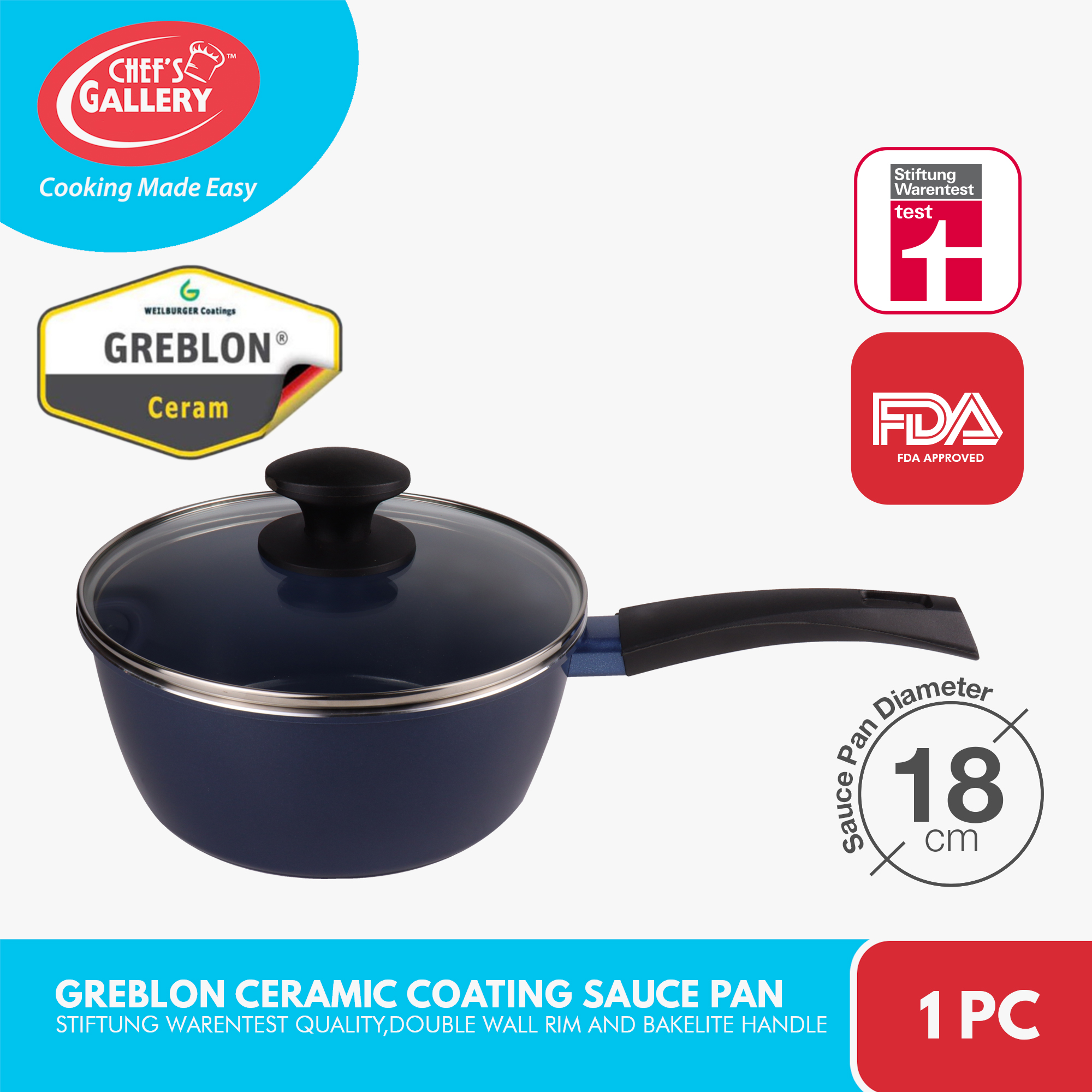 Chef's Gallery Greblon Ceramic NonStick Coating Saucepan 18cm Bakelite