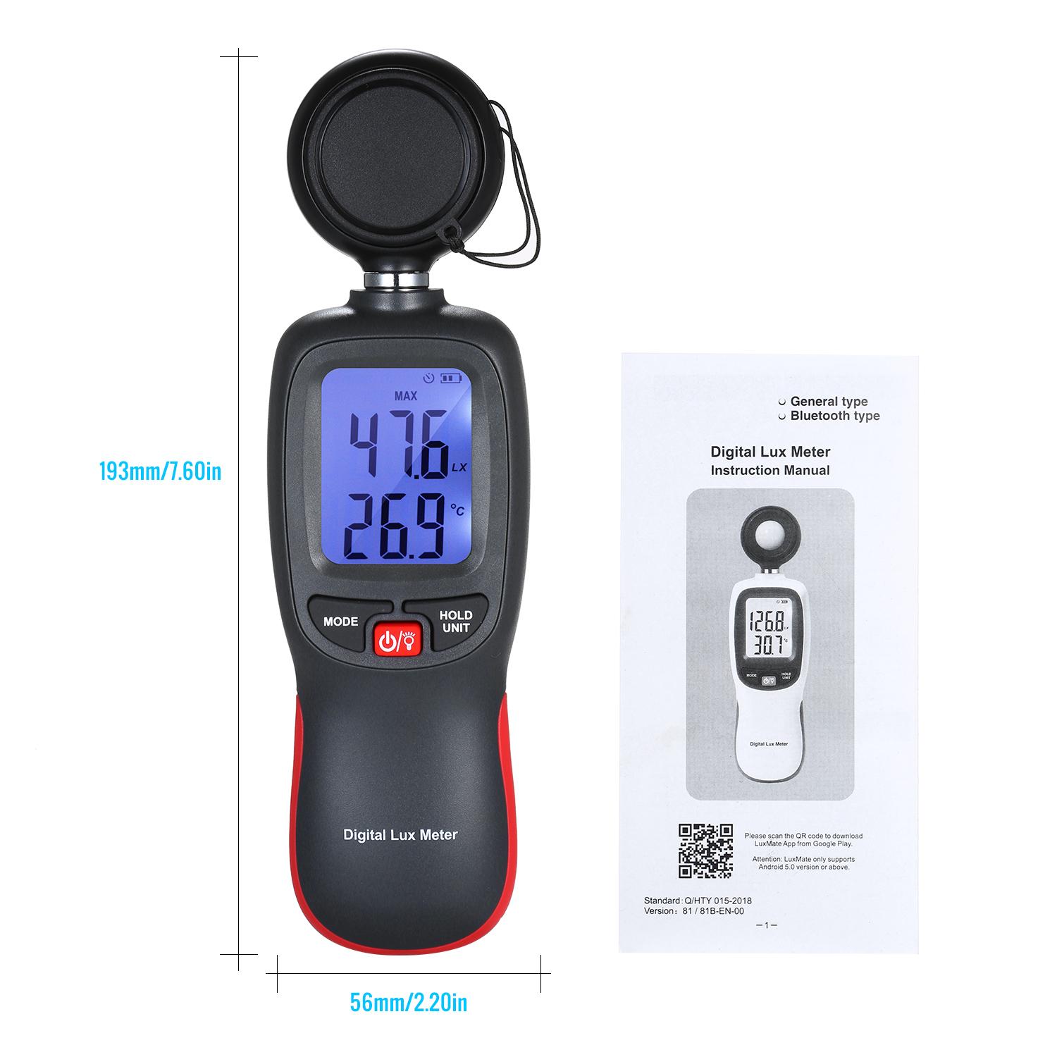 Digital Lux Meter LCD Display Handheld Illuminometer Mini Luminometer Photometer Luxmeter Light Meter 0-200000 Lux with Max/Min/Data Hold Mode