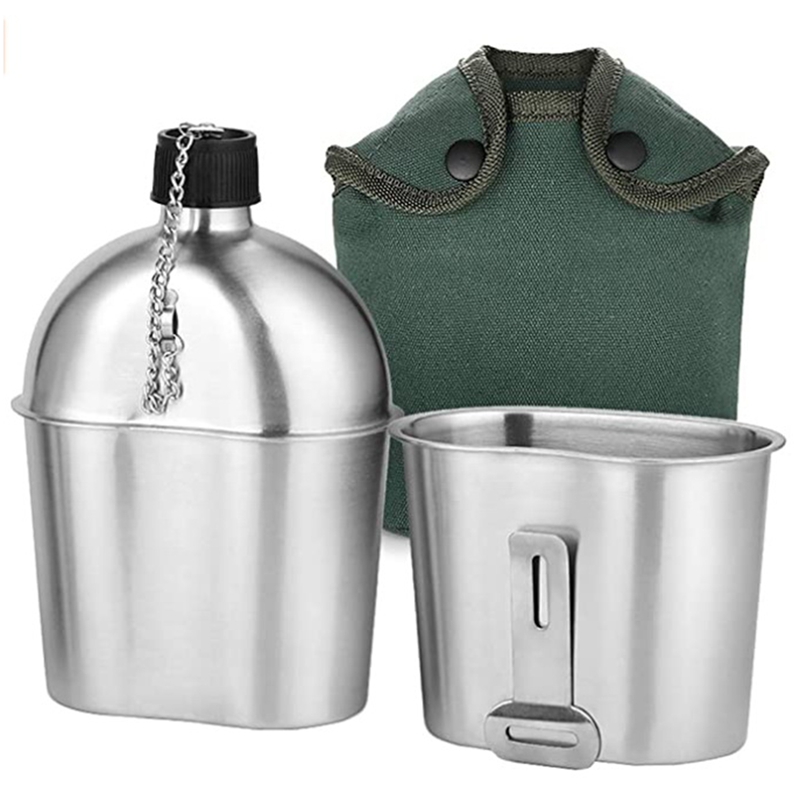 Outdoor Canteen Kit Stainless Steel Canteen Cup Portable Stove Set with Cover Bag for Camping Hiking Backpacking