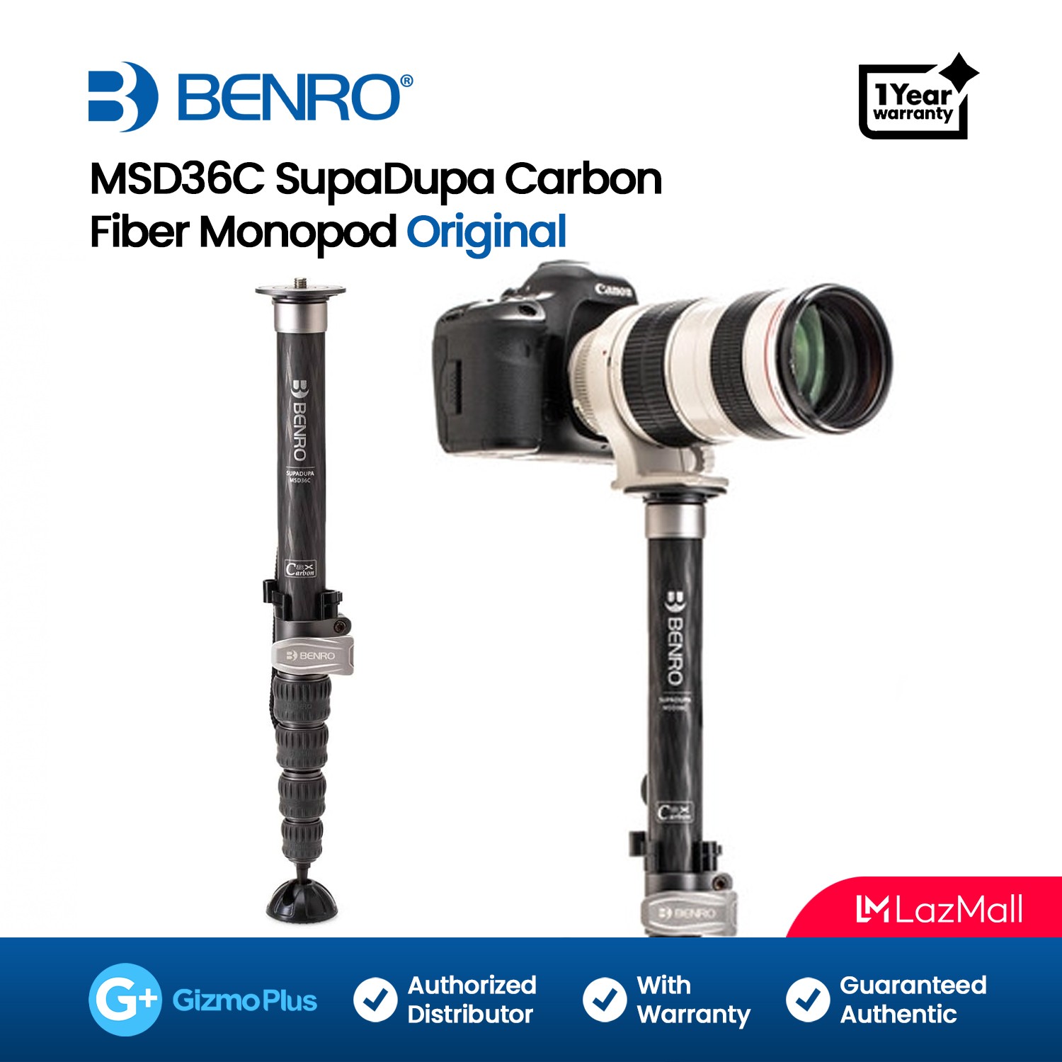 Benro Black SupaDupa Carbon Fiber High-Quality Camera Monopod with  1-Year Warranty