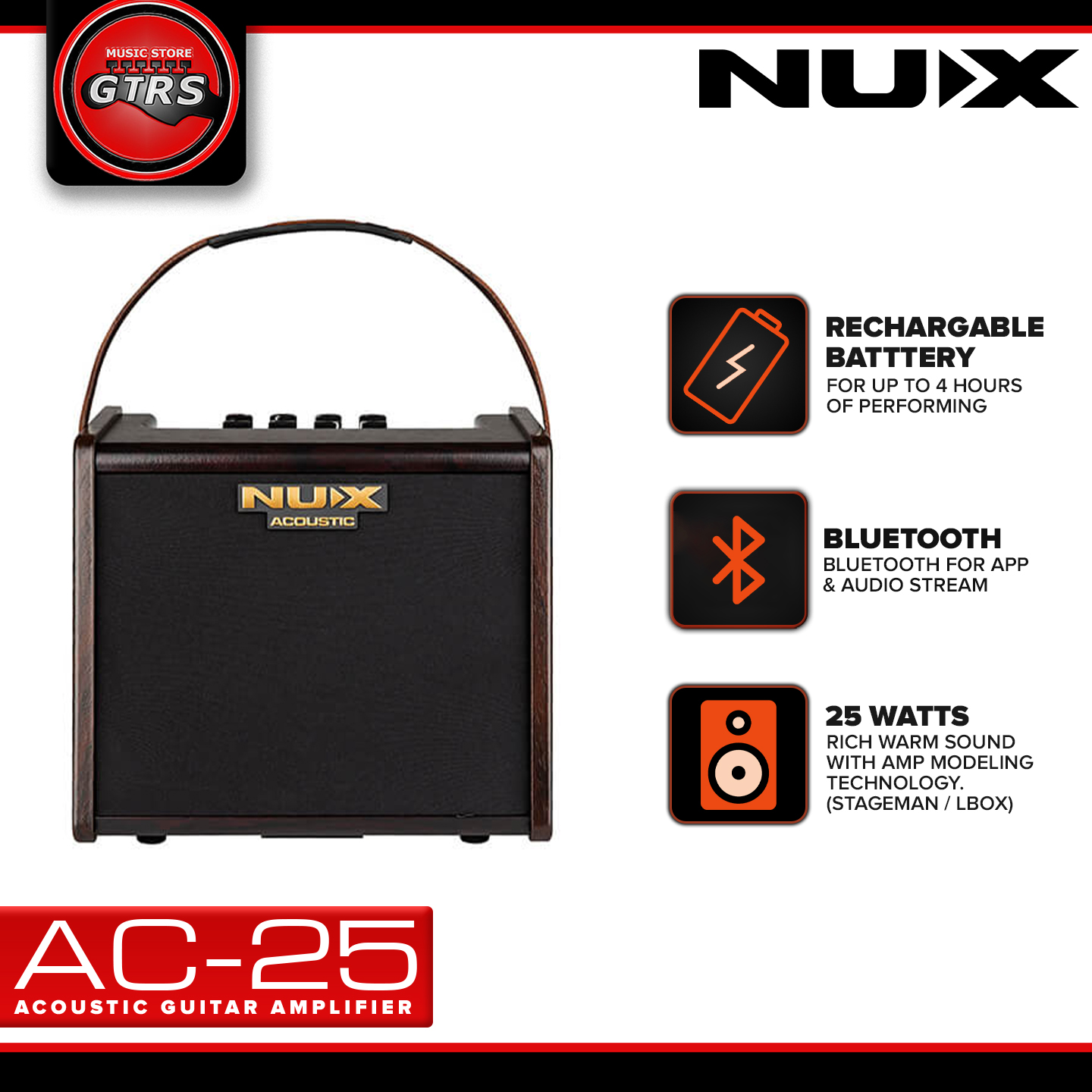 NUX AC-25 Portable Battery-Operated Acoustic Guitar Amplifier