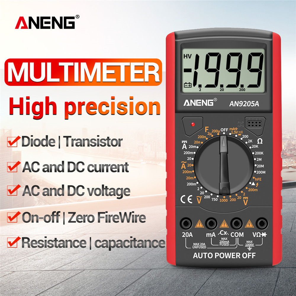 ANENG AN9205A Digital Multimeter 3 1/2 LCD Display 1999 Count Manual Range Meter AC DC Resistance Capacitance Transistor Tester Ammeter with Backlight NCV Test Meter