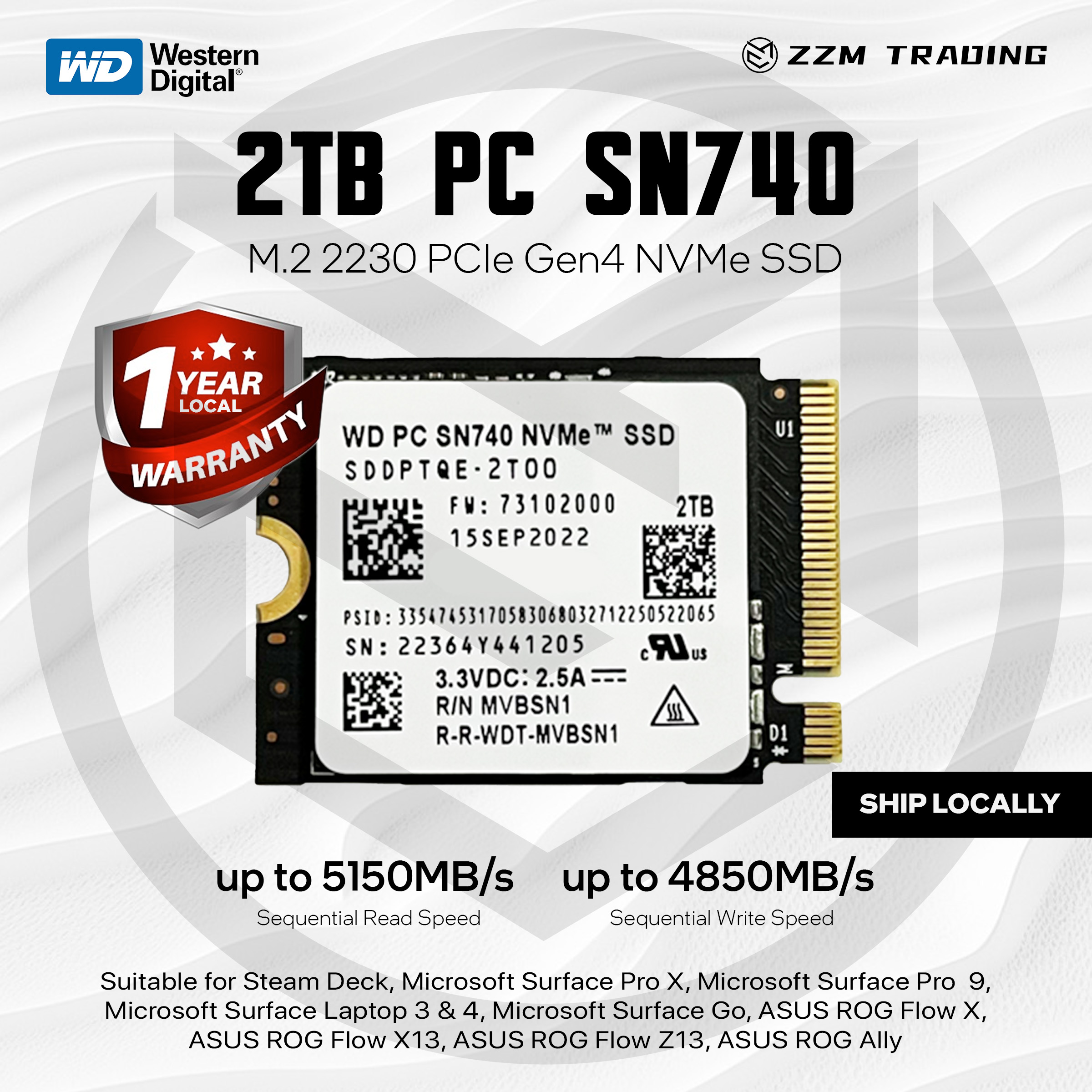 OEM] WD PC SN740 2TB 5150MB/s PCIe 4.0 M.2 2230 NVMe SSD 5Yr Wty