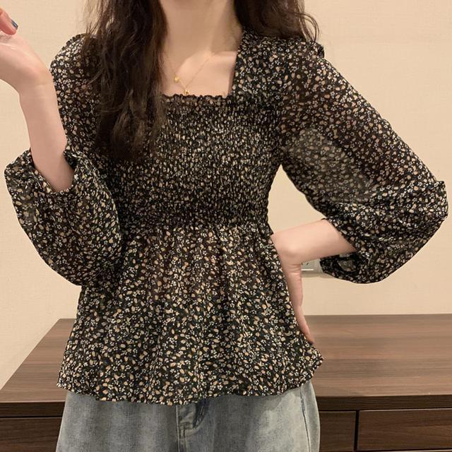 READY STOCK Korean Fashion Women Square Neck Chiffon Floral Blouse Plicated  Short Style Long Sleeve Top | Lazada PH