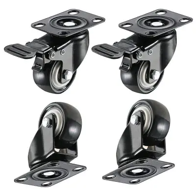 4 Pack 2in Heavy Duty Caster Wheels Polyurethane PU Swivel Casters with 360 Degree Top Plate 220lb Total Capacity for Set of 4 (2 with Brakes + 2 without) Black