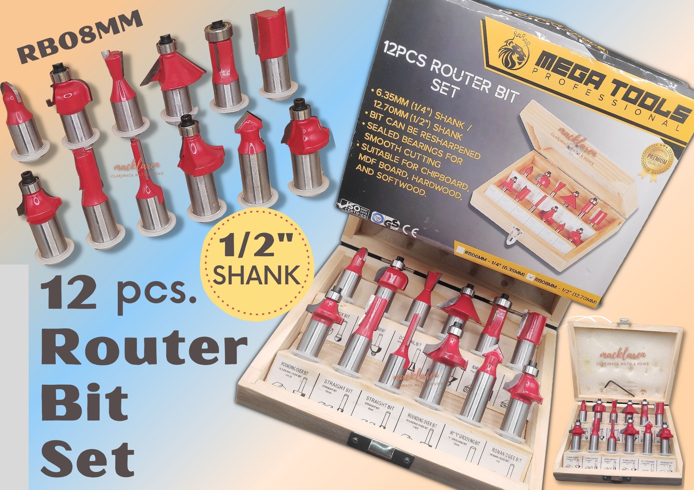 Router Bit Set 12 pcs. 1/2 Shank Mega Brand Resharpened For Chipboard