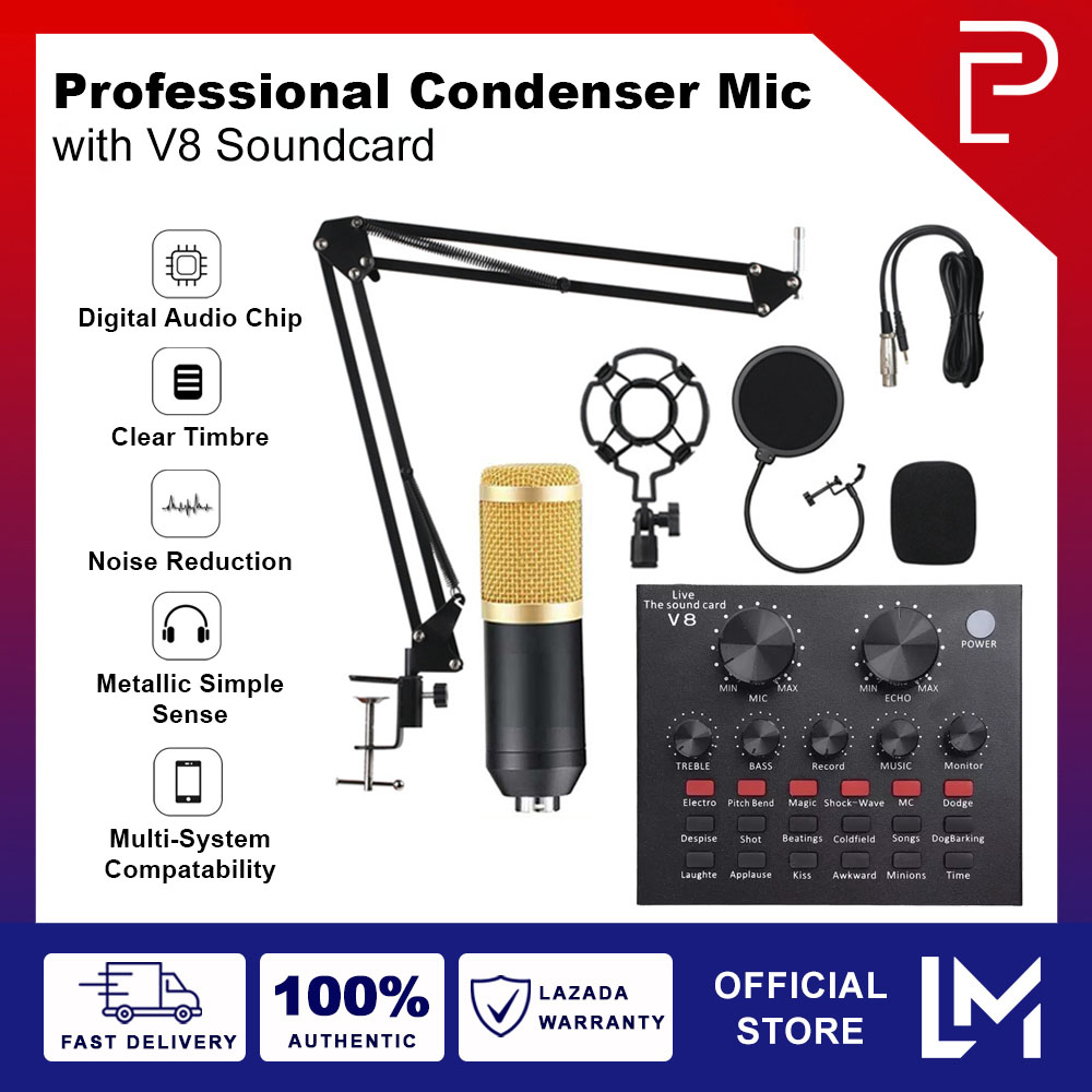 BM900 Condenser Microphone Full Set with Microphone Arm Stand V8 Sound