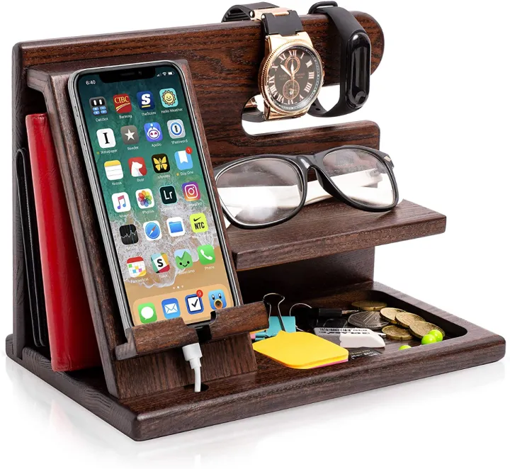 Good birthday gift for friend 3 slot dock charger stand dad. wooden holder iphone