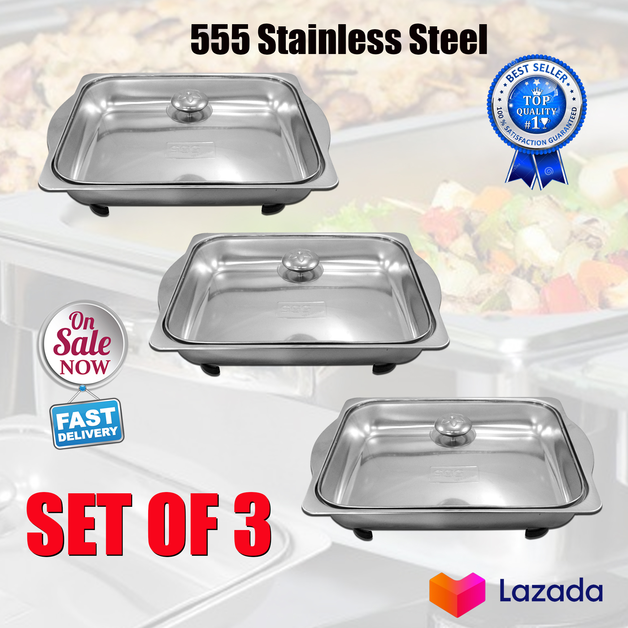 Set of 3 Stainless Food Warmer Rectangular with Lid Lazada PH
