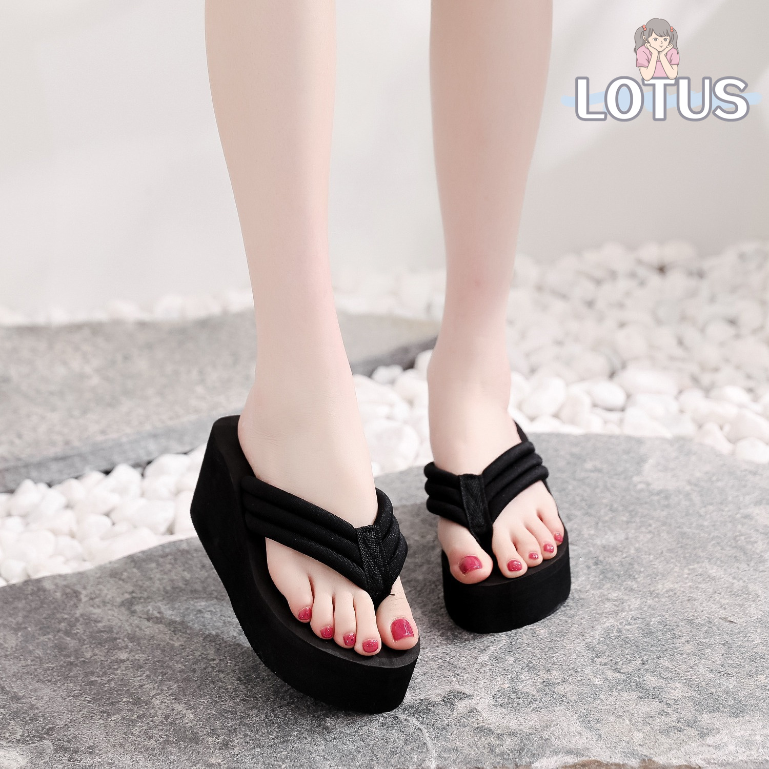 LOTUS Thick Soled Flip Flops Girls High-Heeled Slippers Beach Anti-Slip  Student Fashion Korean Version Sandals (DAVAO)